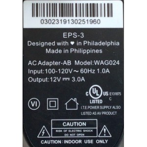 CARGADOR / ADAPTADOR DE FUENTE DE ALIMENTACION AC XFINITY / NUMERO DE PARTE WAG024 / EPS-3 / ENTRADA VCA 100-120V~ 60HZ 1.0A / SALIDA VCD 12V 3.0A / MODELO WAG024